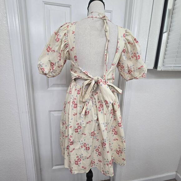 WAYF Floral Puff Sleeve Dress XS Open Back Tie Bow Cottagecore Romantic prairie - Picture 2 of 8